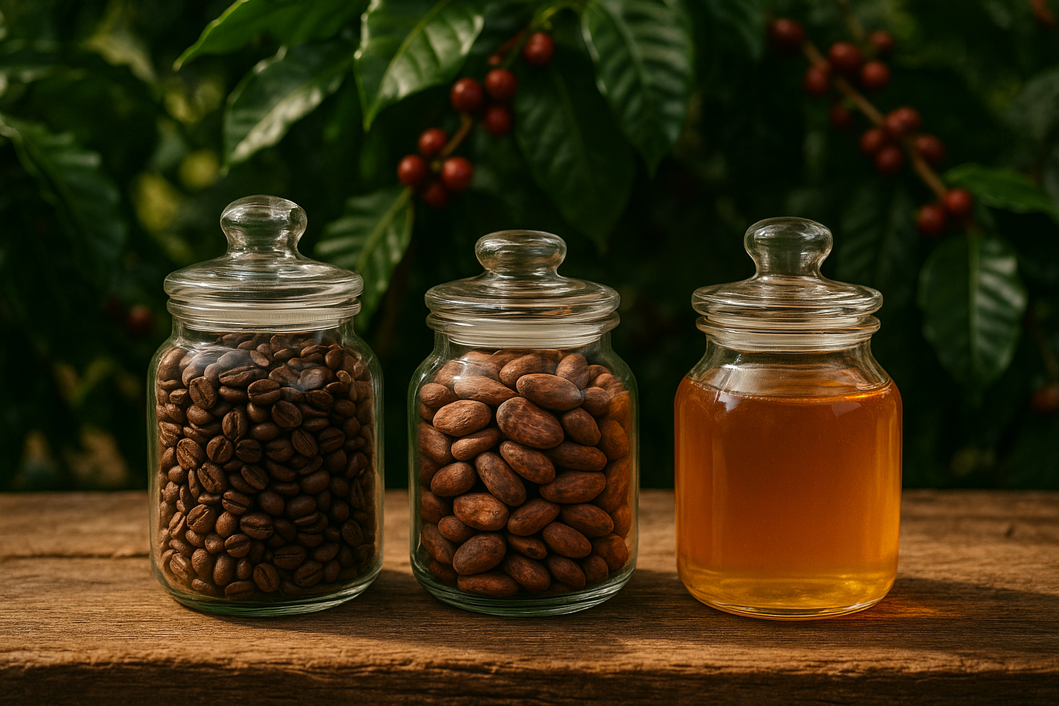 frascos de vidrio con granos de café, otro con cacao y otro con miel, en un fondo con plantas de café